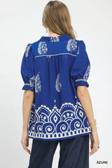 Umgee Printed Puff Sleeve Split Neck Top 