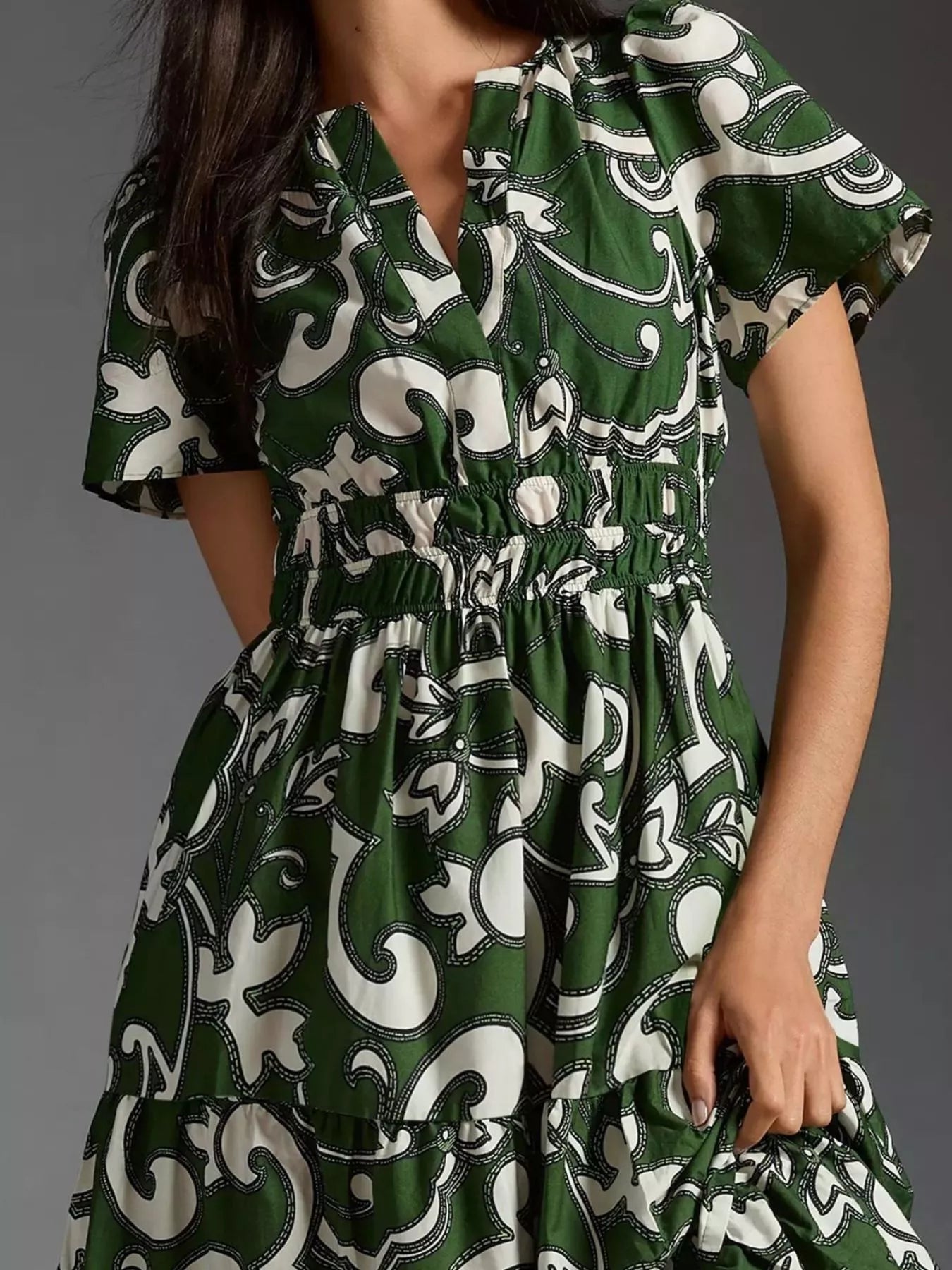 Printed Notched Short Sleeve Dress 