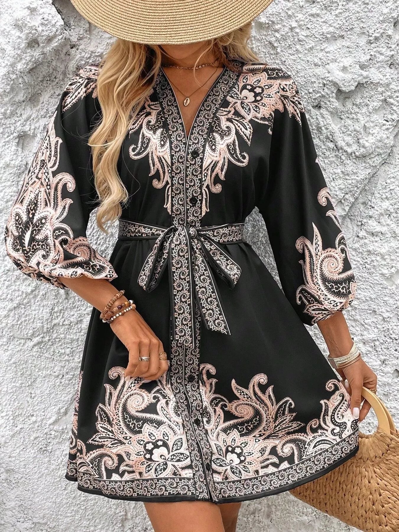 Printed Balloon Sleeve Mini Dress 