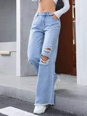 Distressed Raw Hem Wide Leg Jeans 