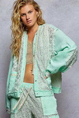 POL Exposed Seam Button Down Hooded Jacket with Lace Detail 