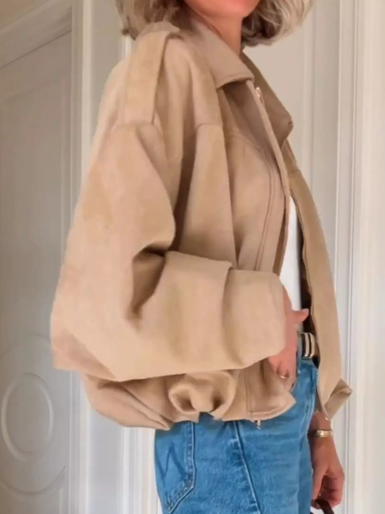 Zip Up Dropped Shoulder Suede Jacket 
