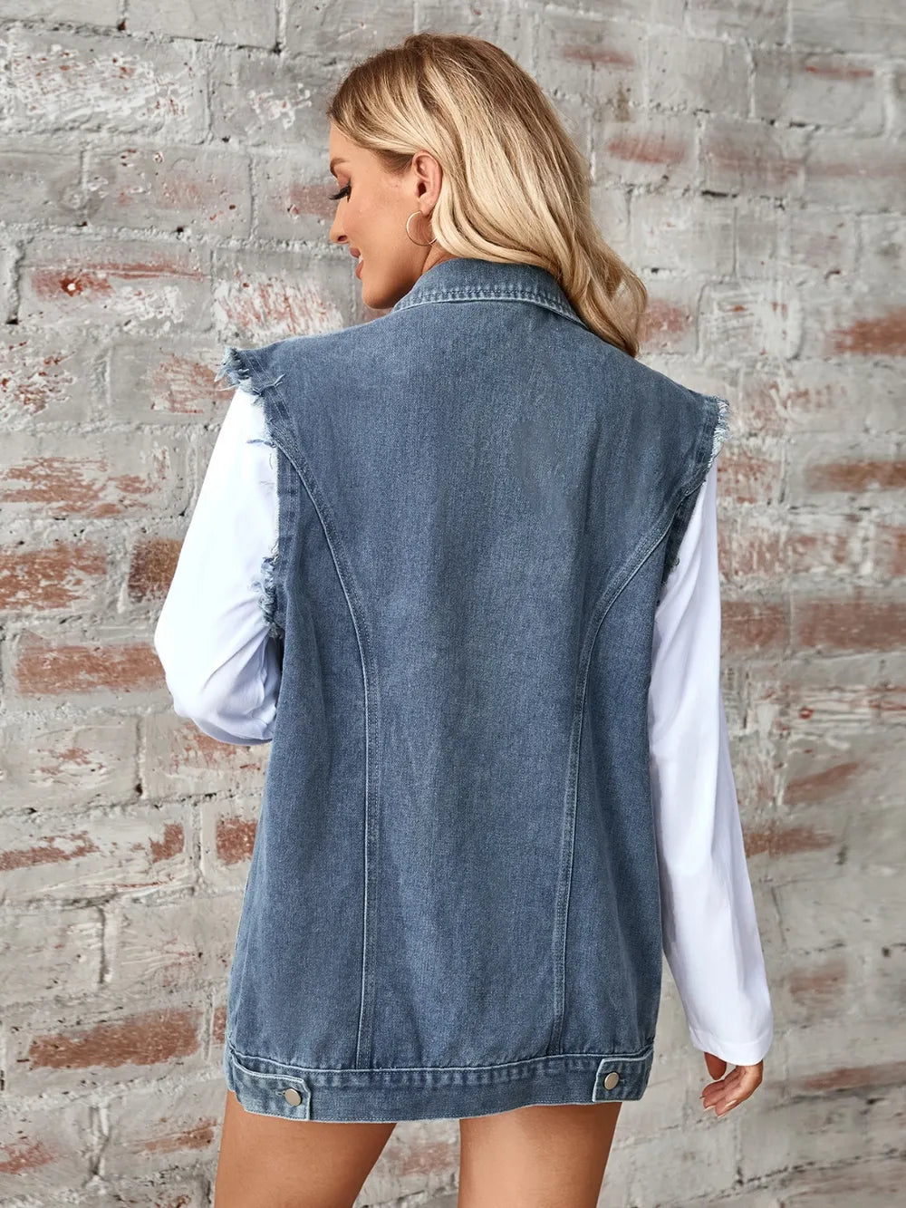 Raw Hem Sleeveless Button Up Denim Jacket 