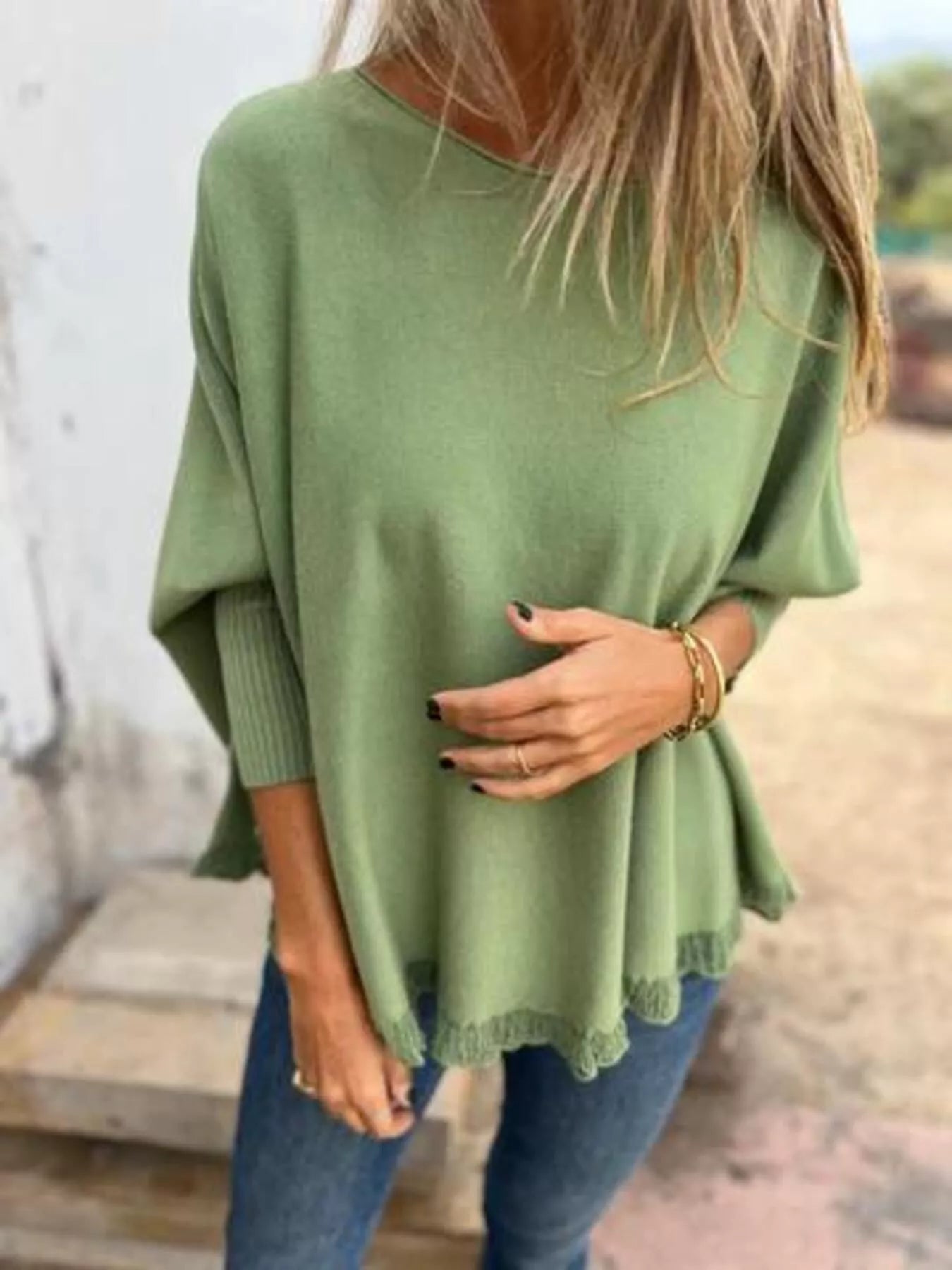 Full Size Round Neck Long Sleeve Knit Top with Lace Trim Plus Size 