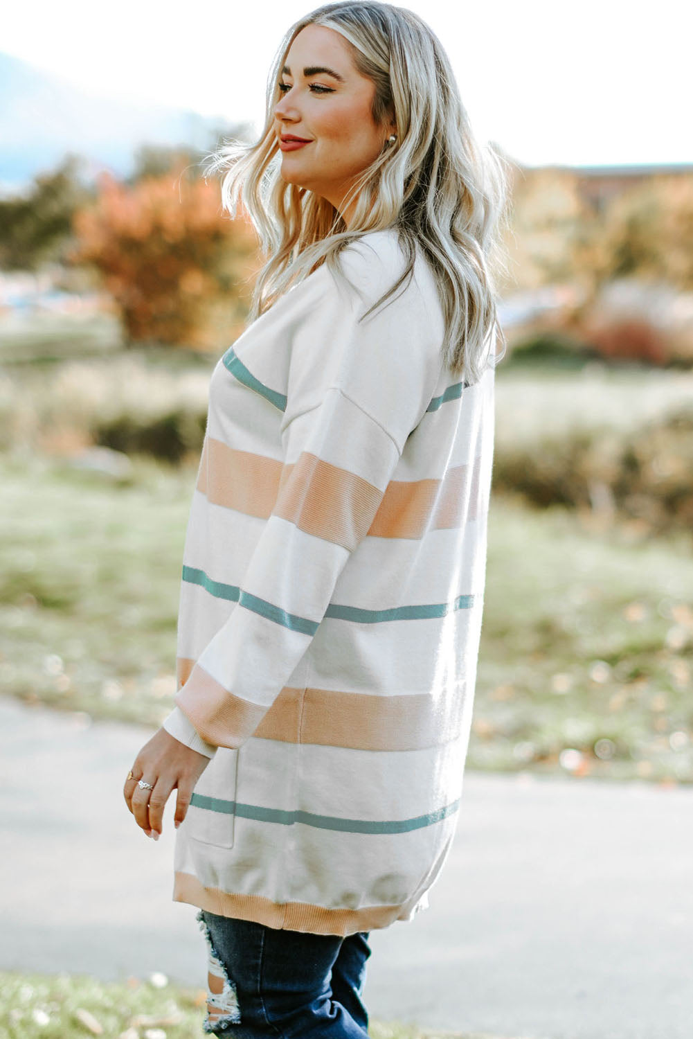 Plus Size Striped Open Front Cardigan 