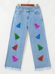 Colorful Sequin Christmas Tree Patched Raw Hem Cropped Wide Leg Jeans 