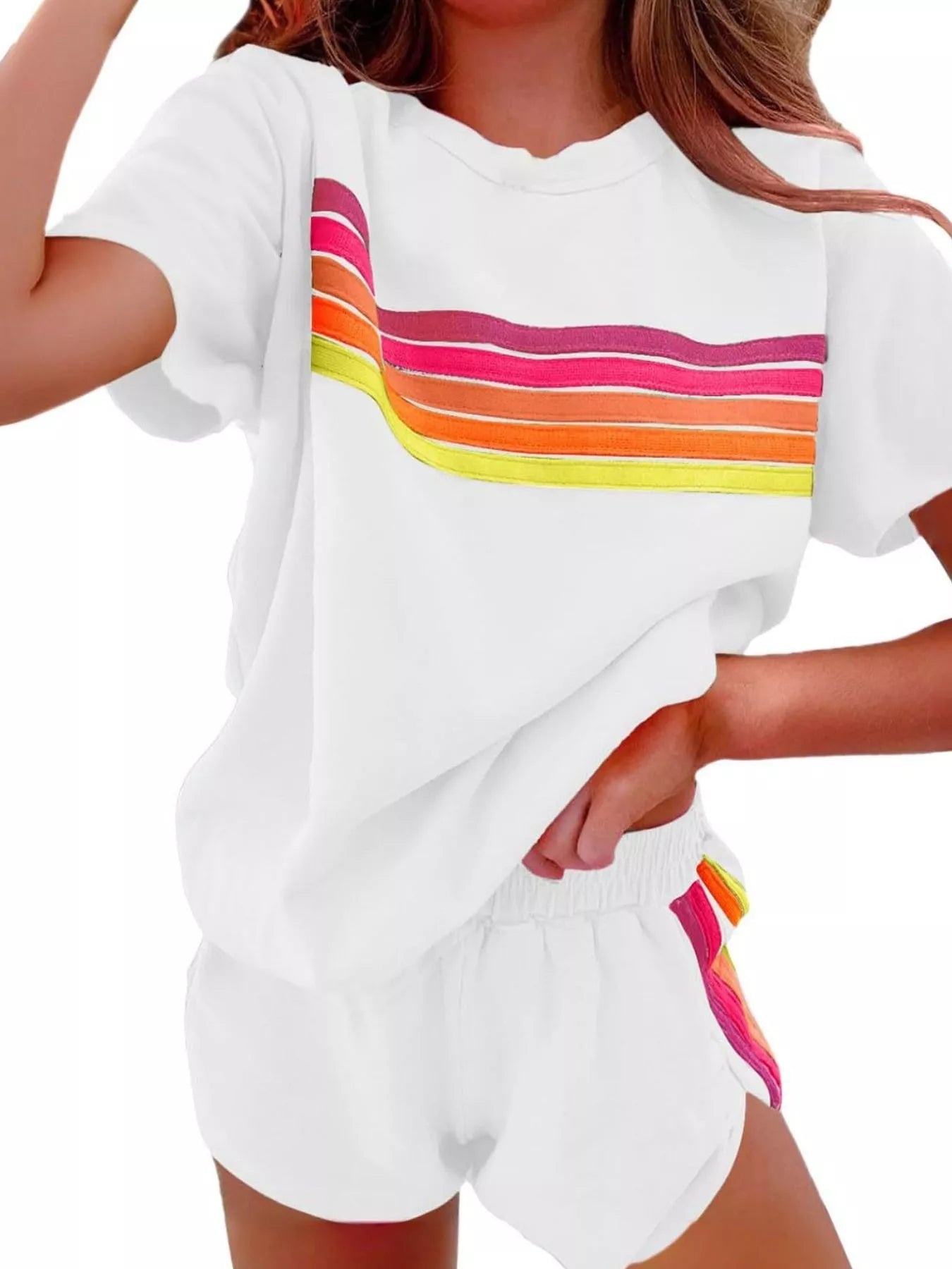 Rainbow Striped Round Neck Top and Shorts Set 