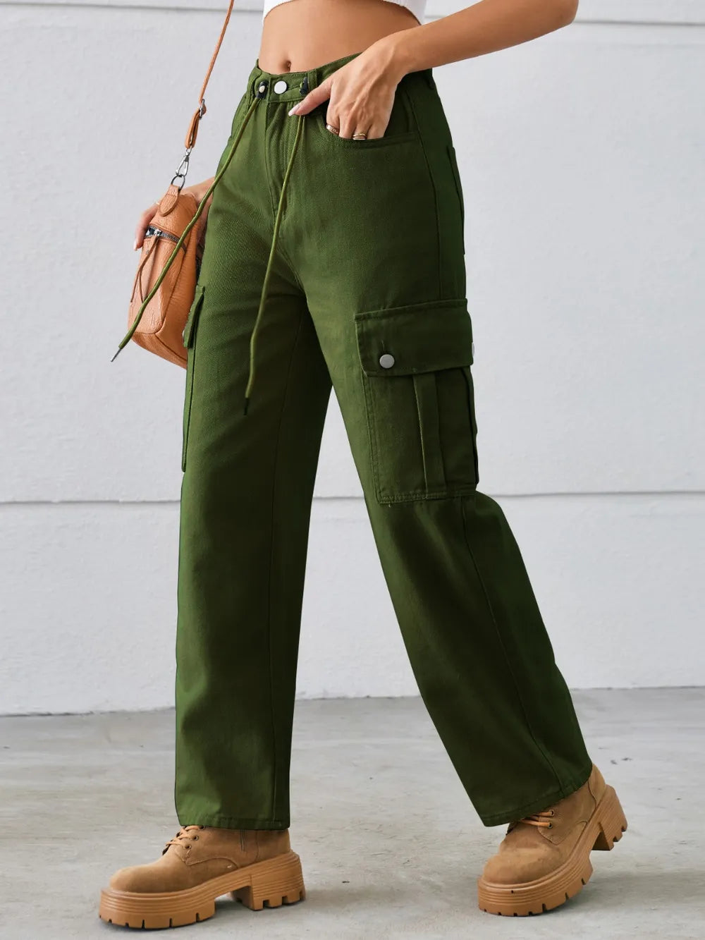 Drawstring Mid-Rise Waist Straight Cargo Jeans 