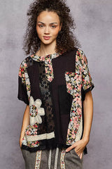 POL Lace Round Neck Short Sleeve Floral Pattern Top with Patch Detail 