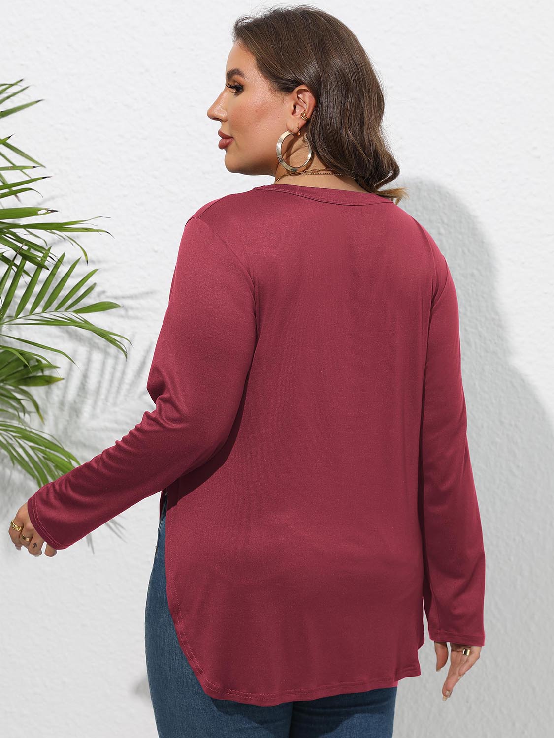Plus Size Round Neck Long Sleeve Slit T-Shirt 
