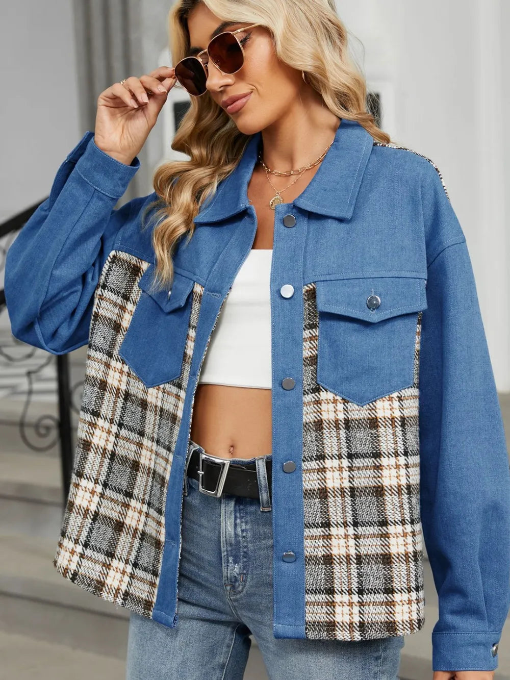 Plaid Button Up Long Sleeve Denim Jacket 