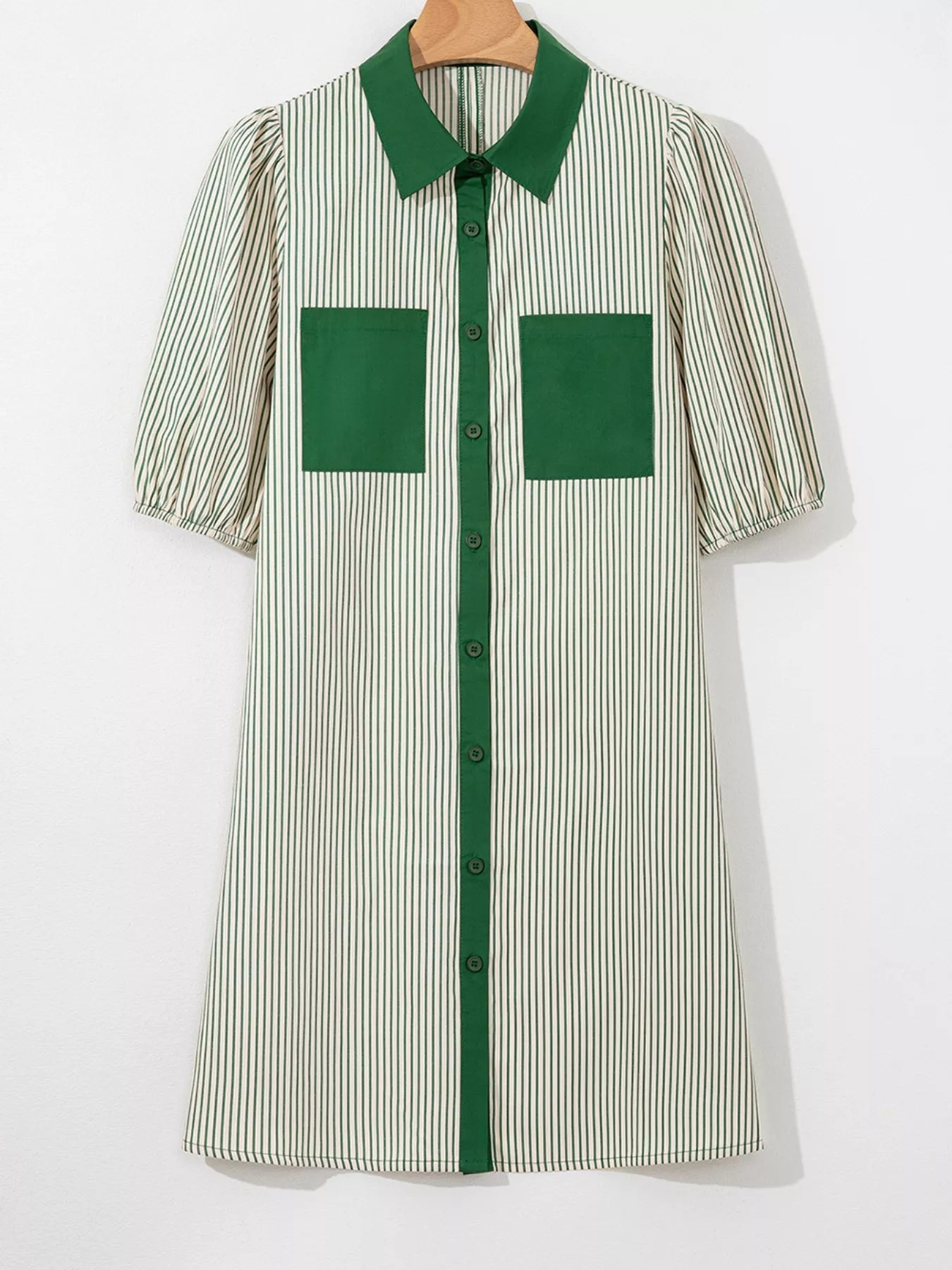 Stripe Color Block Patchwork Shirt Collar Button Down Puff Sleeve Mini Dress 