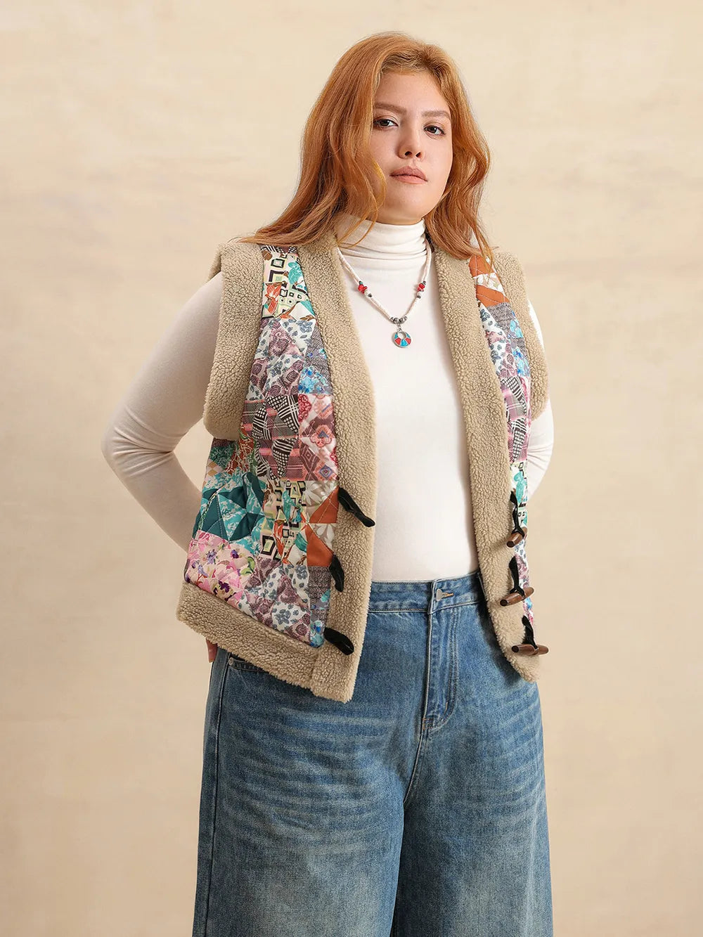 Plus Size Printed Sherpa Vest Coat 