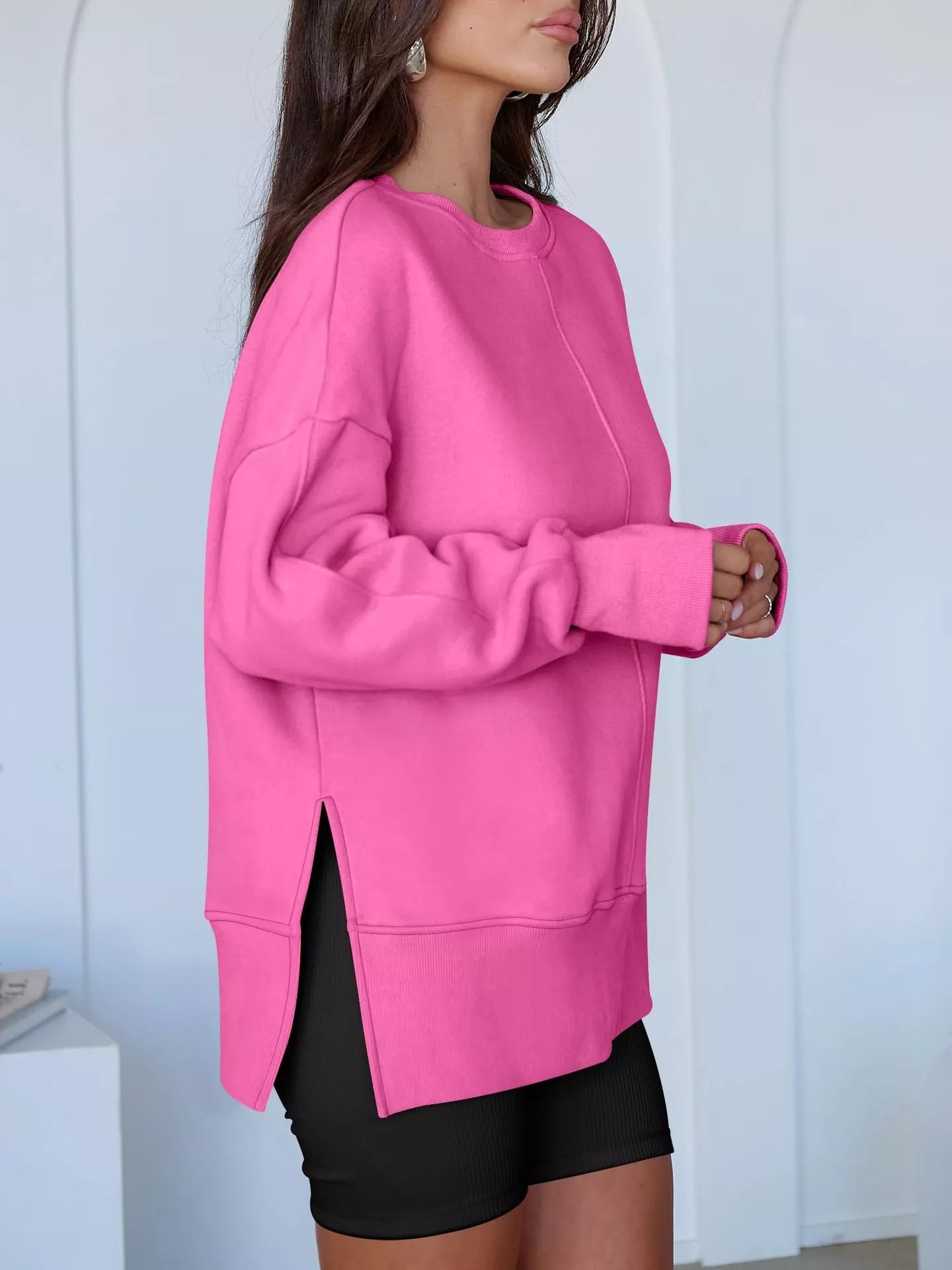 Side Slit Round Neck Long Sleeve Sweatshirt 