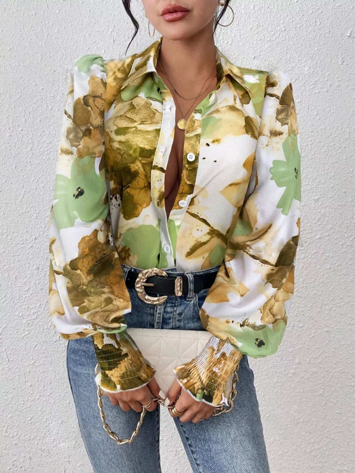 Printed Button Up Lantern Sleeve Shirt 