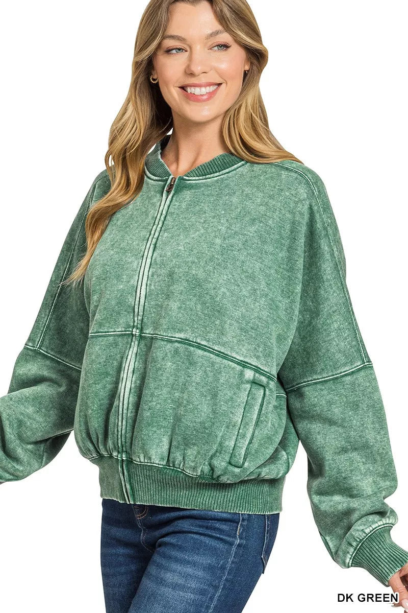 Zenana Acid Washed Fleece Jacket 