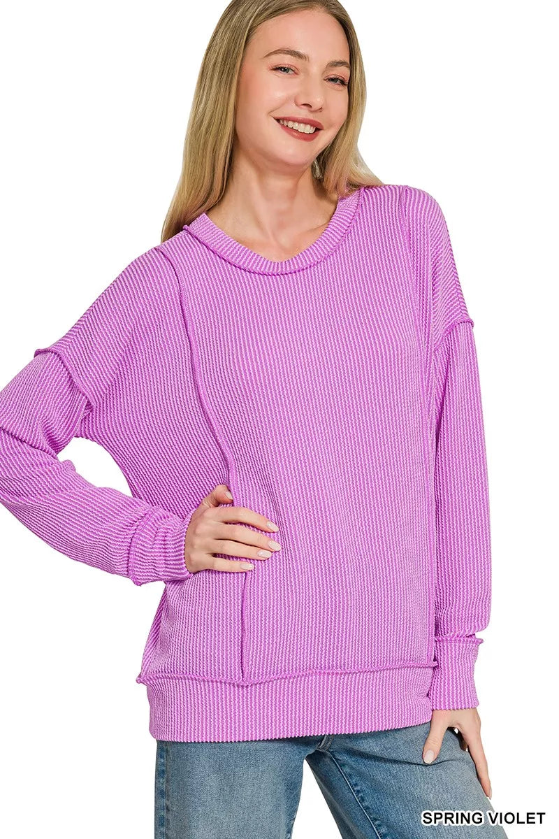 Zenana Corded Rib Long Sleeve Round Neck Top 