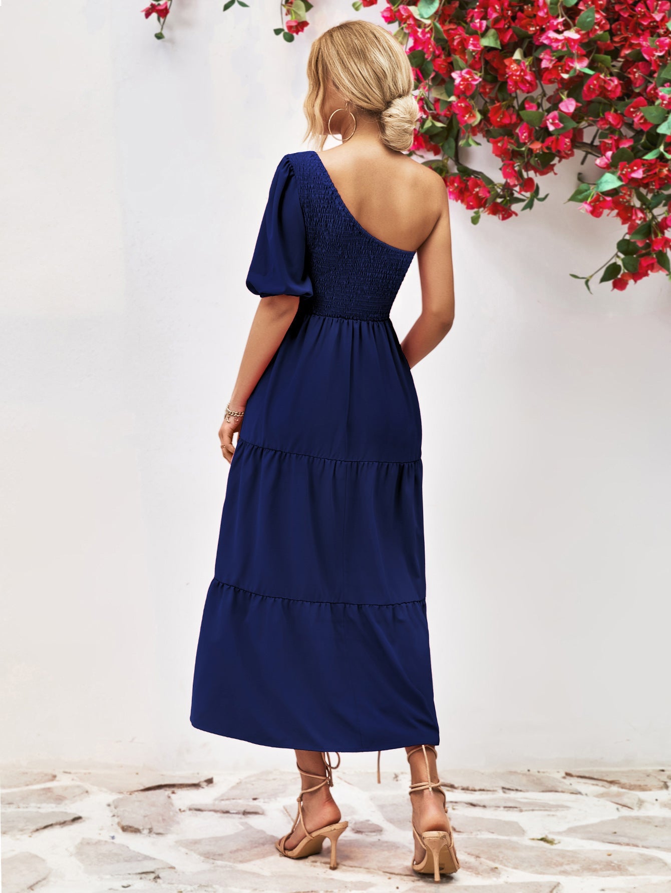 Smocked One-Shoulder Midi Dress 