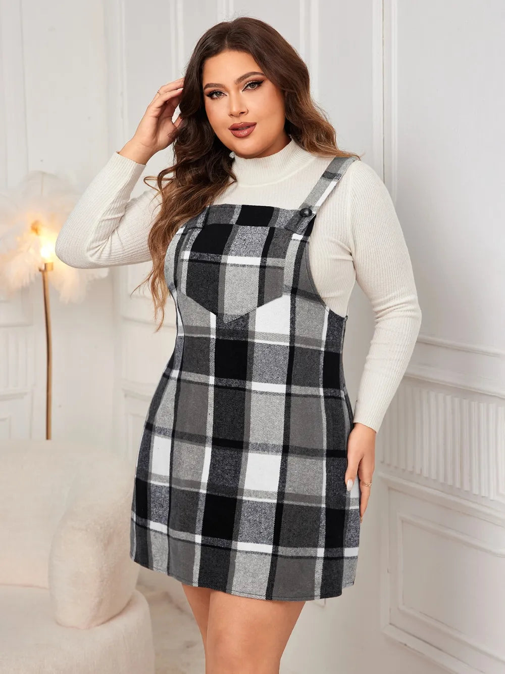Honey Plus Size Plaid Wide Strap Overall Dress 