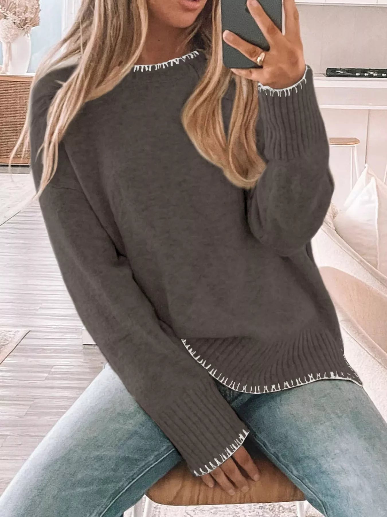 Slit Contrast Trim Round Neck Sweater 