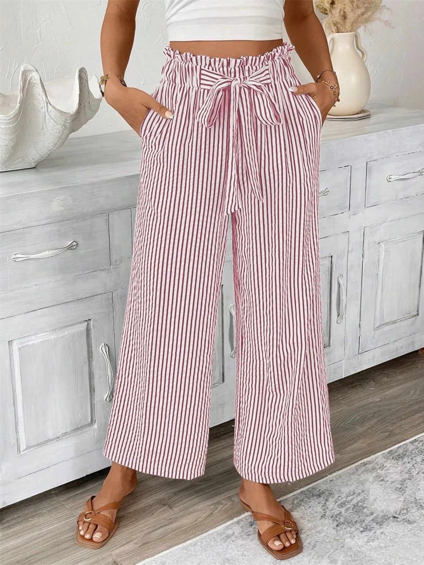 Full Size Striped Wide Leg Paper Bag Pants Plus Size 
