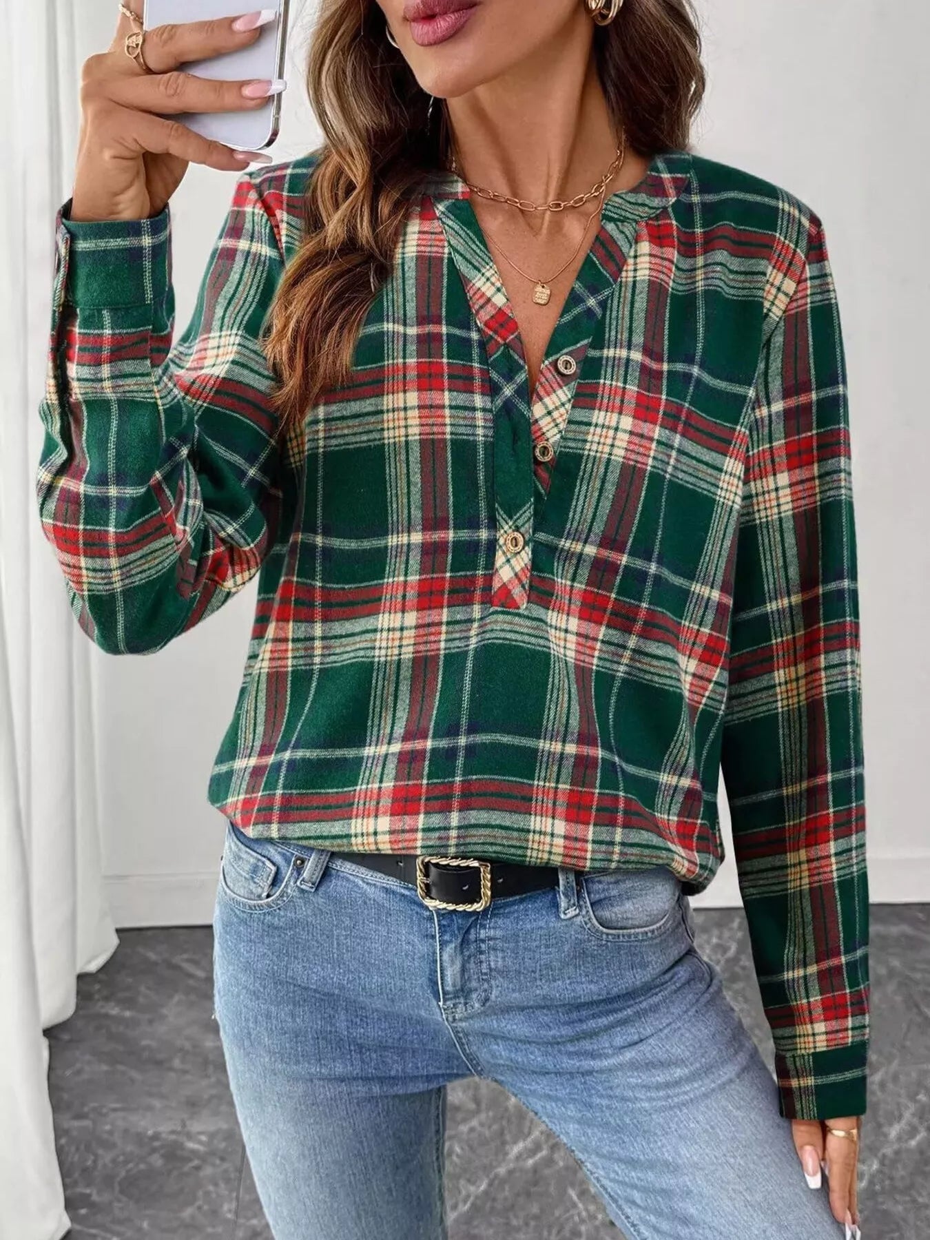 Plaid Half Button Long Sleeve Blouse 