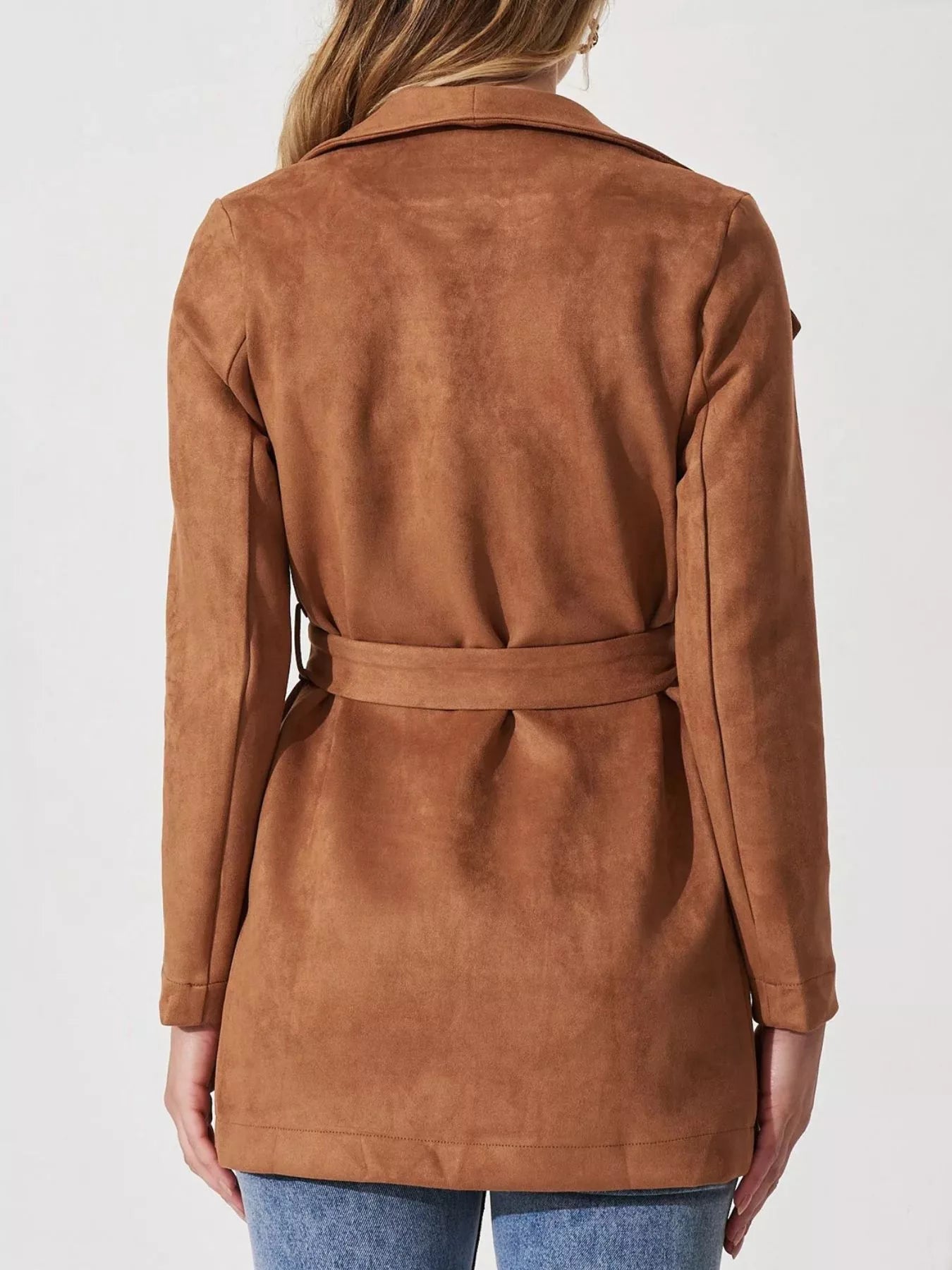 Suede Tie Waist Long Sleeve Outerwear 