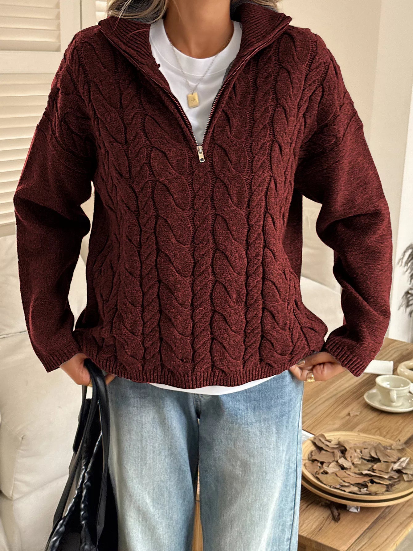 Zip Collar Cable-Knit Sweater 