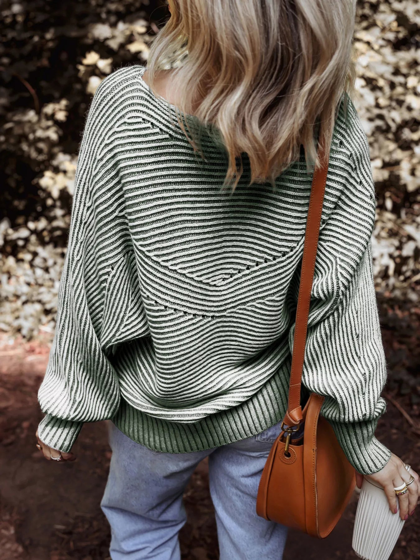 Striped Ribbed Knit Boat Neck Baggy Sweater 