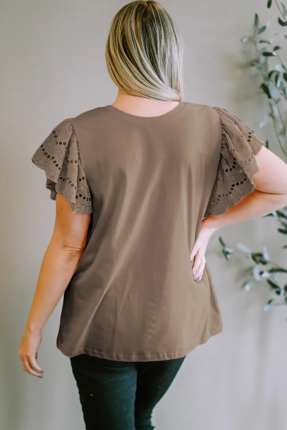 Plus Size Eyelet Round Neck Short Sleeve Blouse 