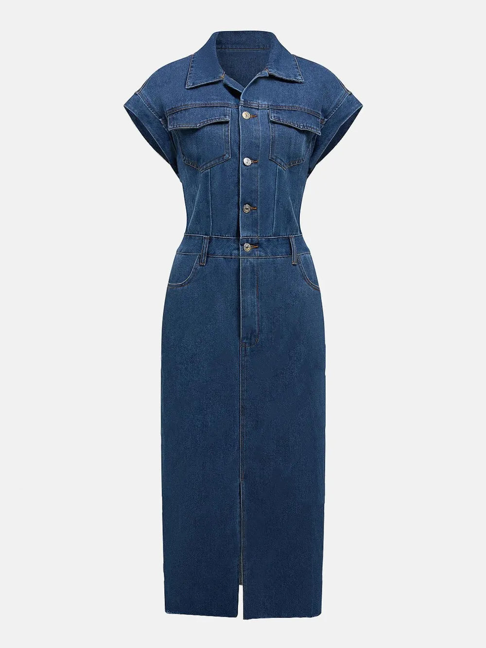 Slit Half Button Collared Neck Cap Sleeve Denim Dress 