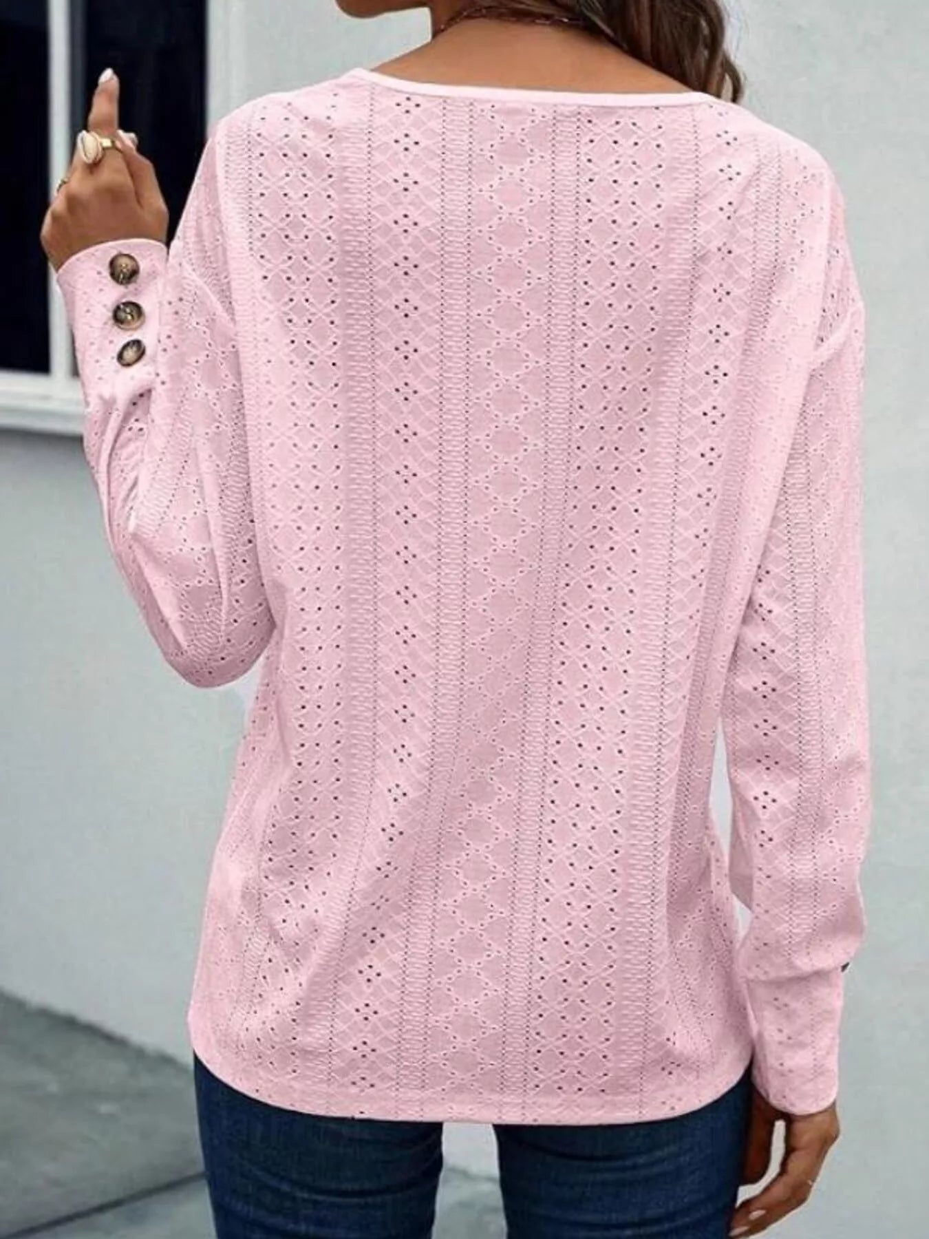 Eyelet V-Neck Long Sleeve Blouse 