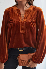 Notched Long Sleeve Velvet Top 