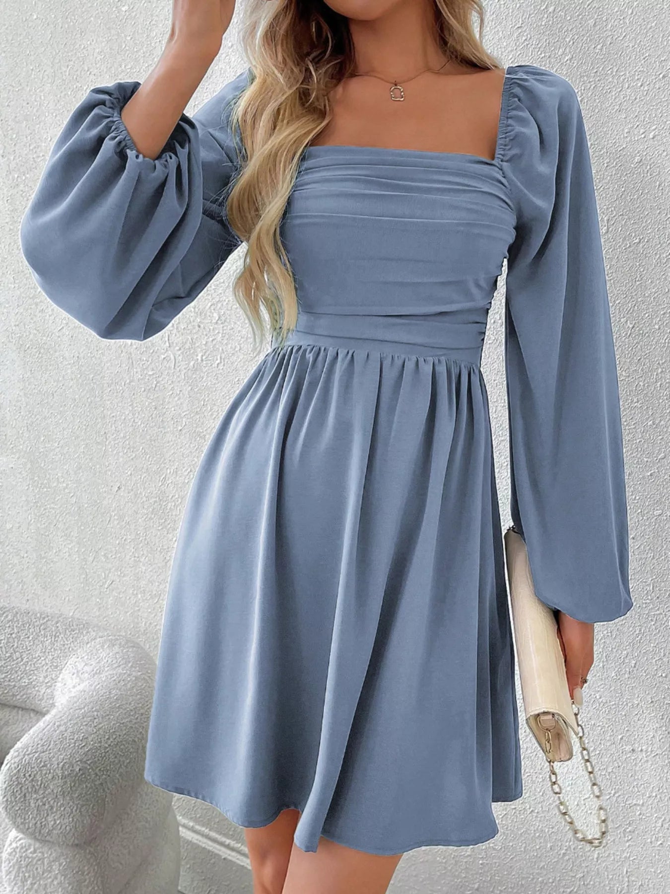 Ruched Square Neck Long Sleeve A-Line Dress 