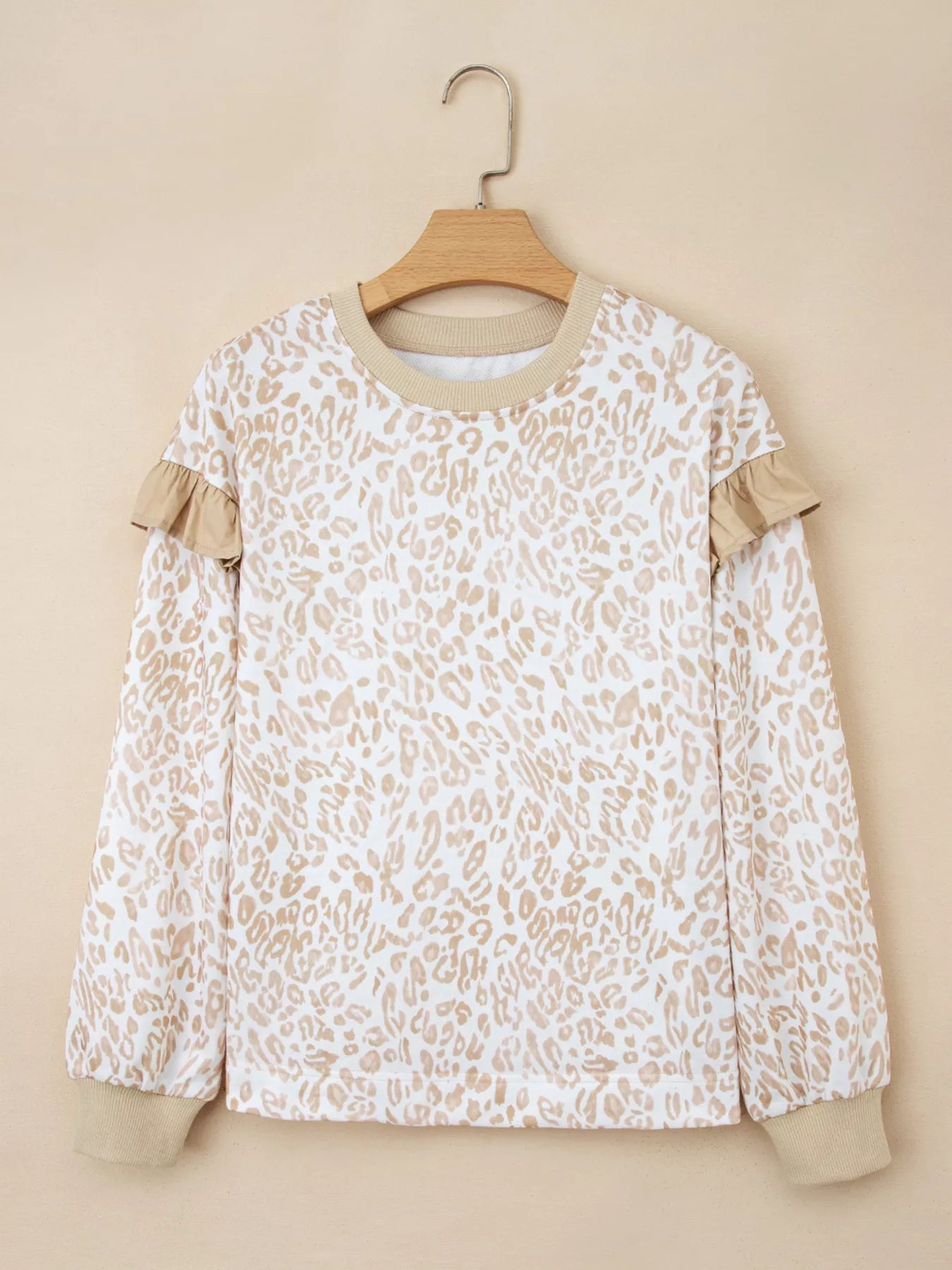 Leopard Ruffle Detail Ribbed Trim Round Neck Sweatshirt 