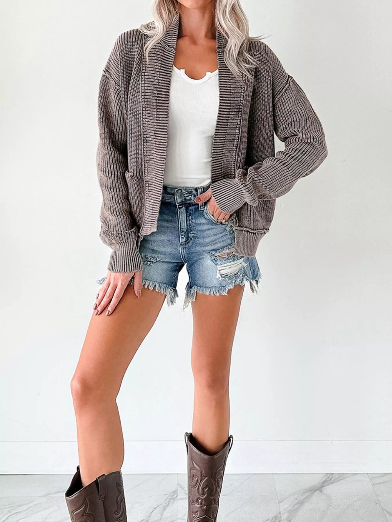 Mineral Wash Exposed Seam Patchwork Knit Open Sweater Cardigan 