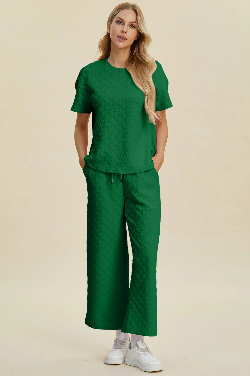 Double Take Full Size Texture Round Neck Short Sleeve Top and Pants Set 