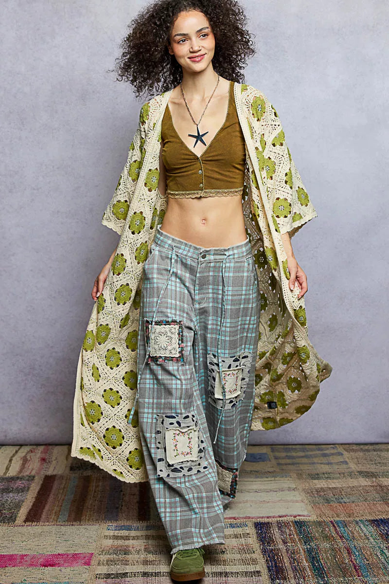 POL Open Front Floral Crochet Longline Cardigan 