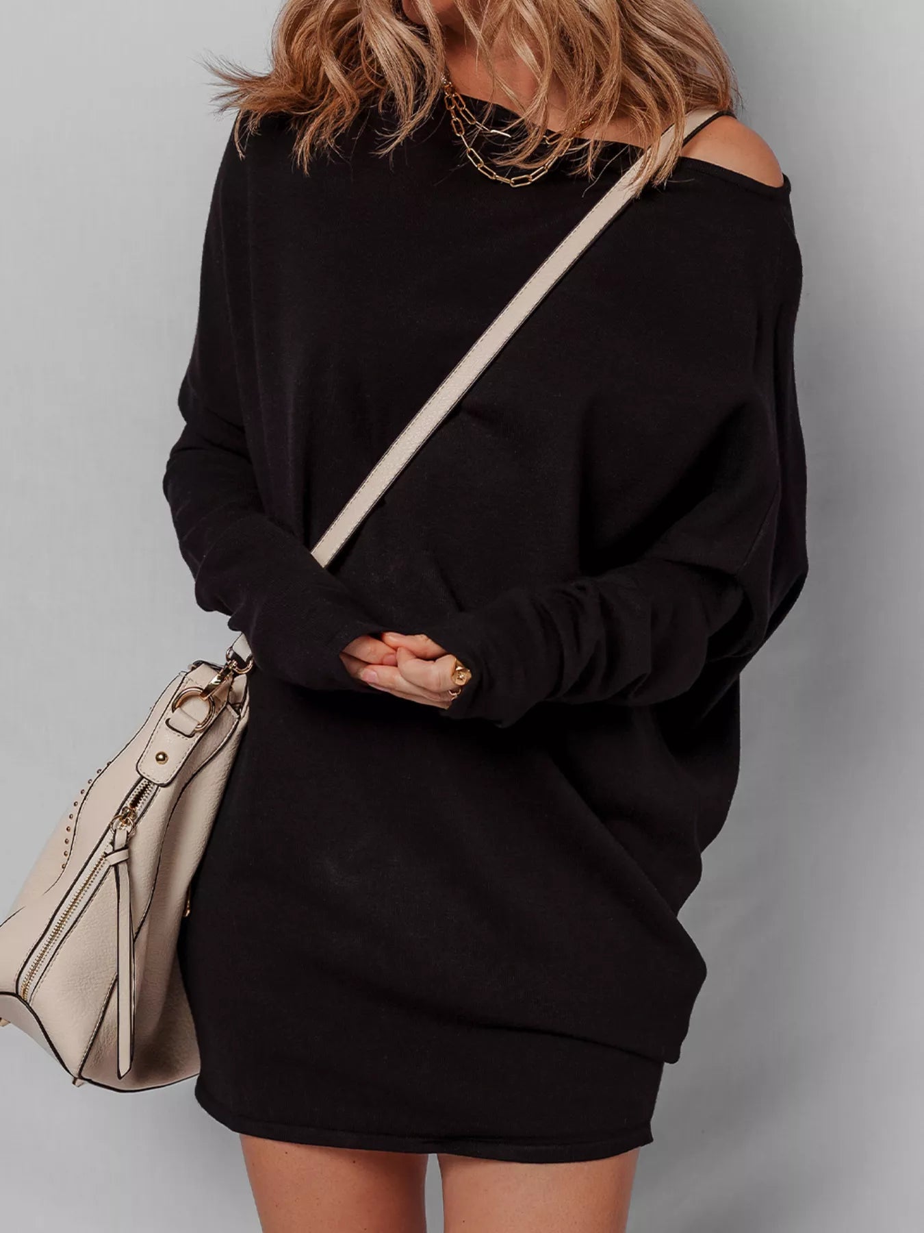 Asymmetric Neck Batwing Sleeve Shift Mini Sweater Dress 
