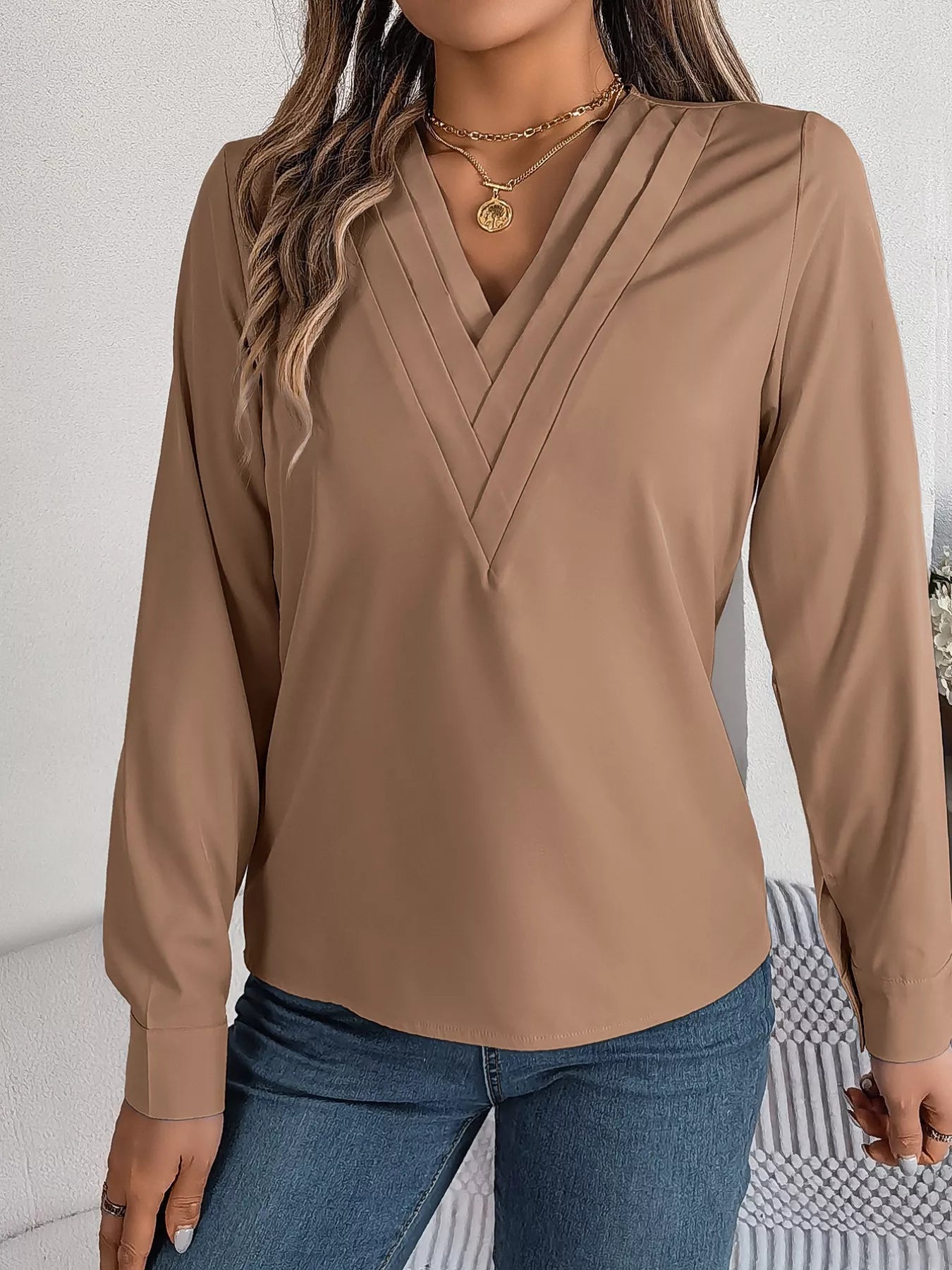 Layered V-Neck Long Sleeve Blouse 