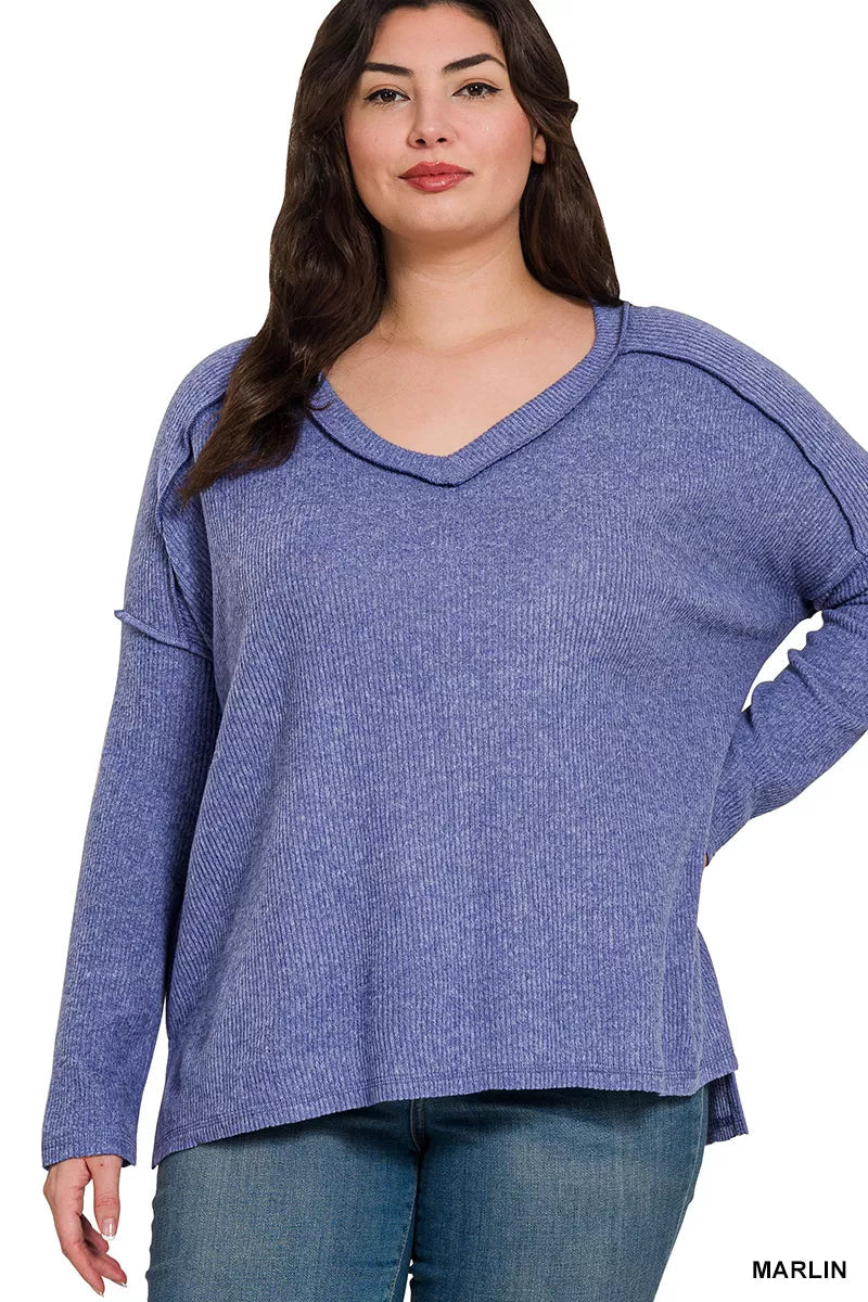 Zenana Full Size Brushed Ribbed Hacci Drop Shoulder V-Neck Sweater Plus Size 