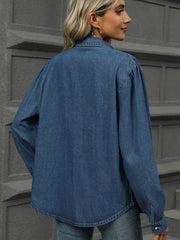 Button Down Collared Neck Long Sleeve Denim Top 