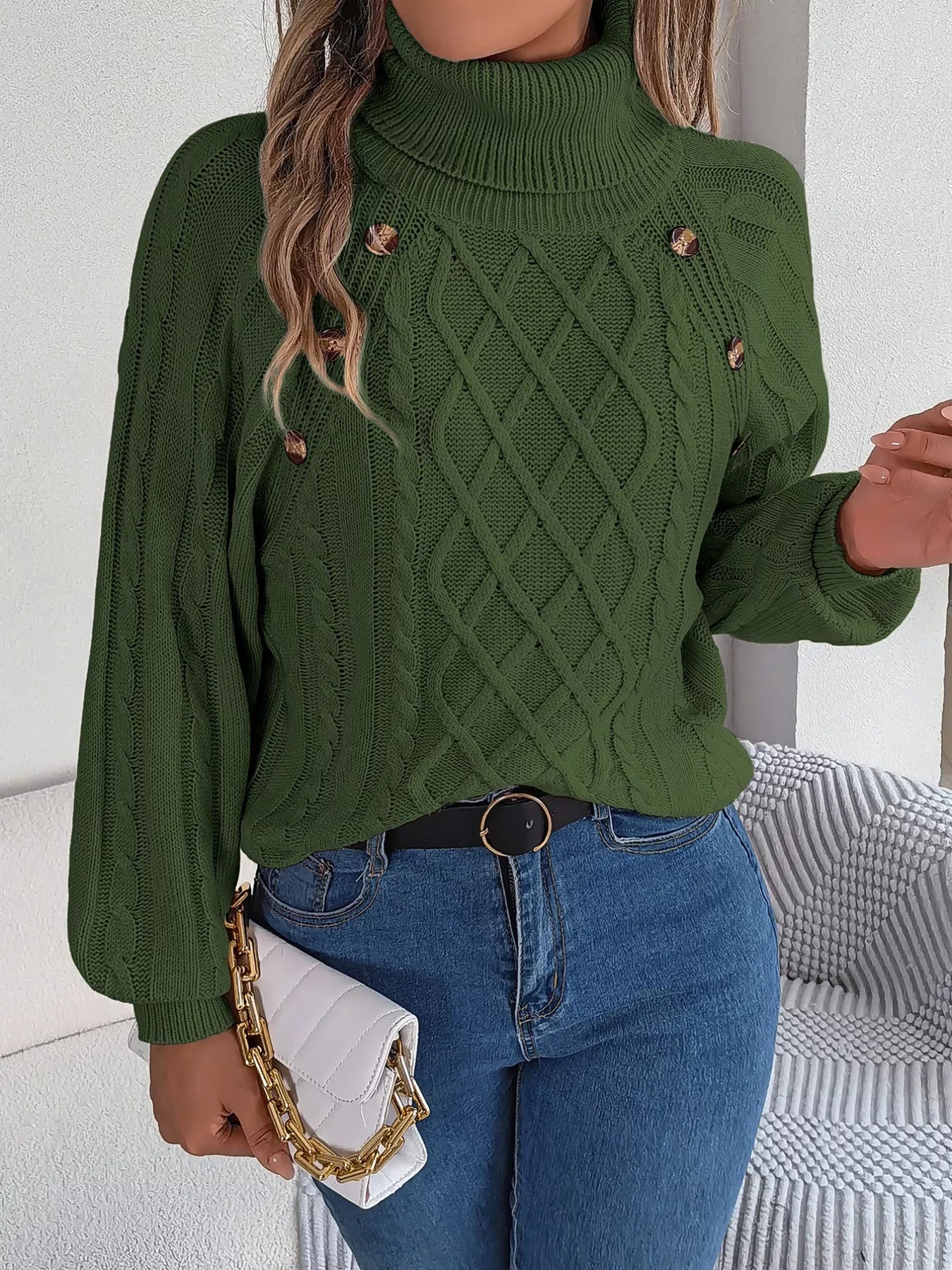 Cable Knit Turtleneck Long Sleeve Sweater 