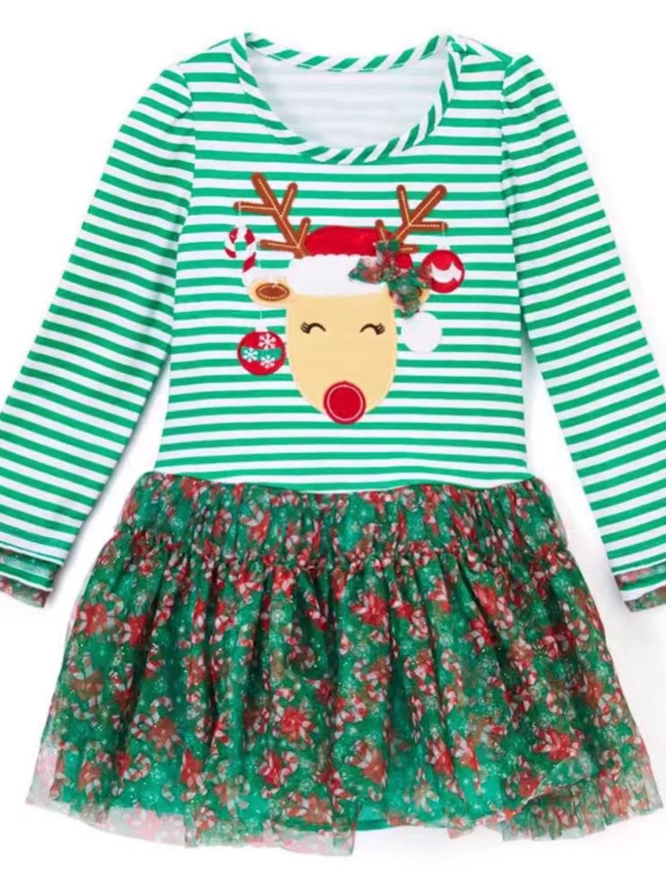Children's Christmas Reindeer Applique Striped Long Sleeve Dress 