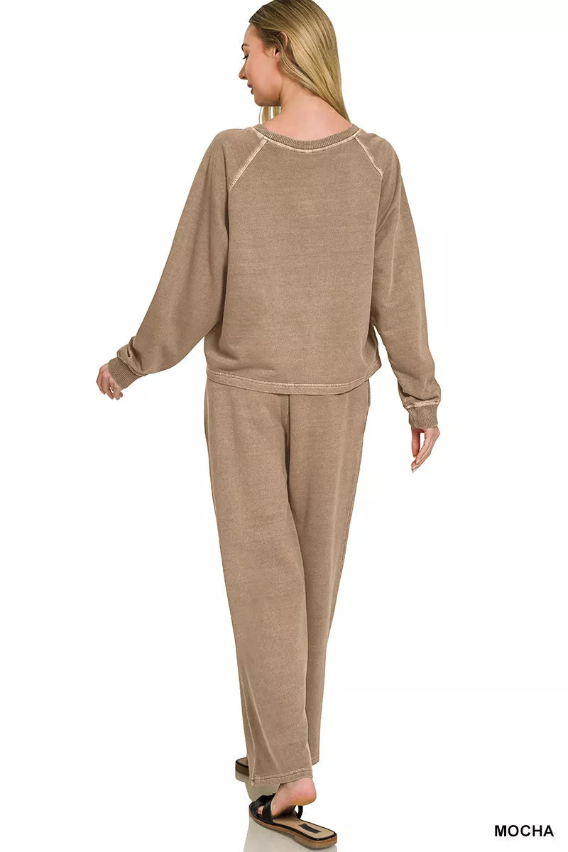 Zenana Washed F/terry Round Neck Pullover & Pants Set 