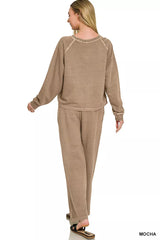 Zenana Washed F/terry Round Neck Pullover & Pants Set 