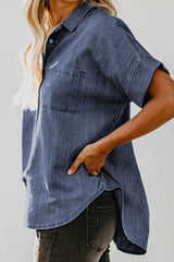 Pocketed Button Up Short Sleeve Denim Shirt 