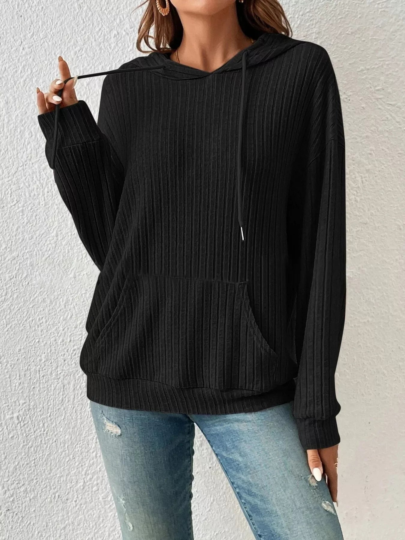 Casual Ribbed Knit Drawstring Hoodie 