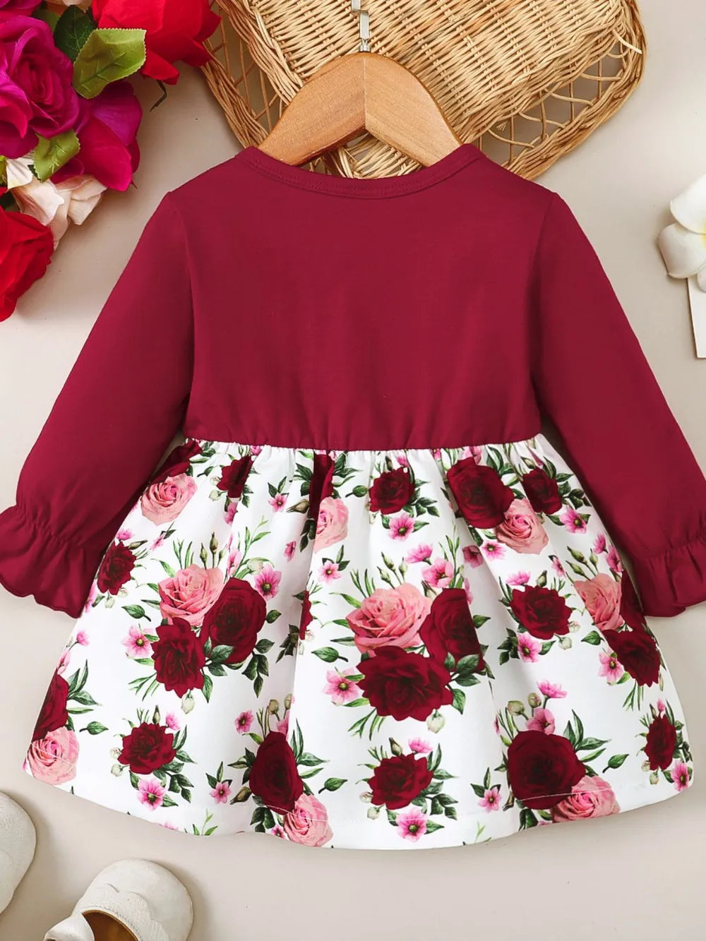 Frill Floral Round Neck Flounce Sleeve Dress 