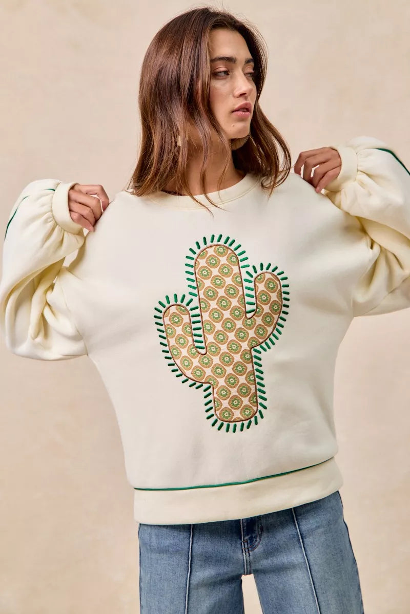 BiBi Cactus Embroidered Fleece Sweatshirt 